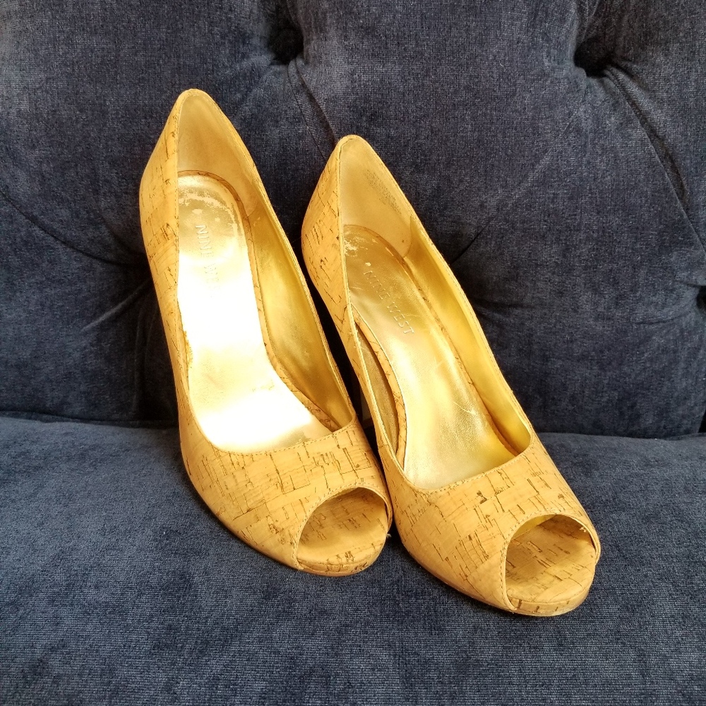 Cork Nude Peep Toe Stilettos, Sz 6